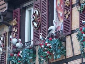 façade d'une maison alsacienne avec des décorations de cigognes, fleurs