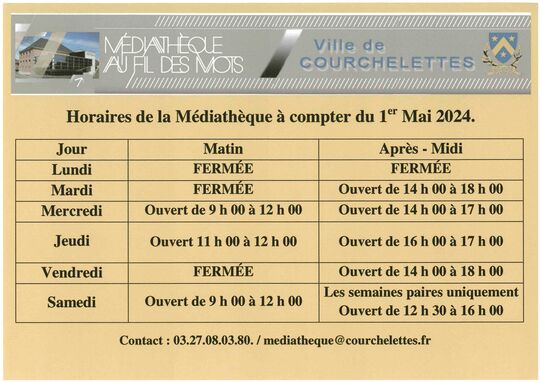 Horaires de la médiathèque à compter du 1er mai 2024